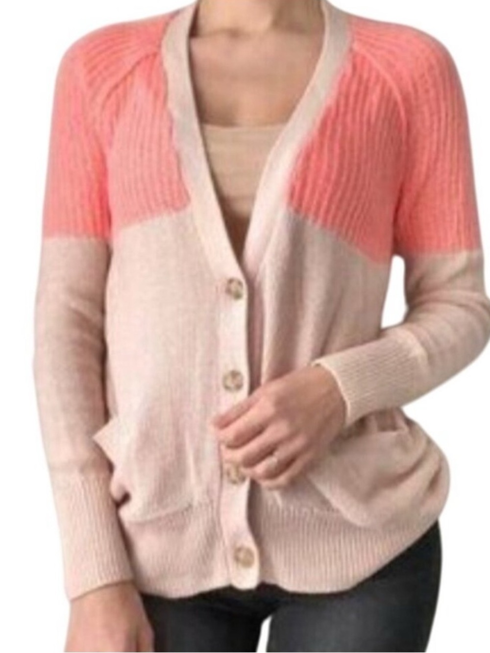 Women’s Colorblock Button-Up Cardigan Sweater - Pink/Cream - y2k American Eagle